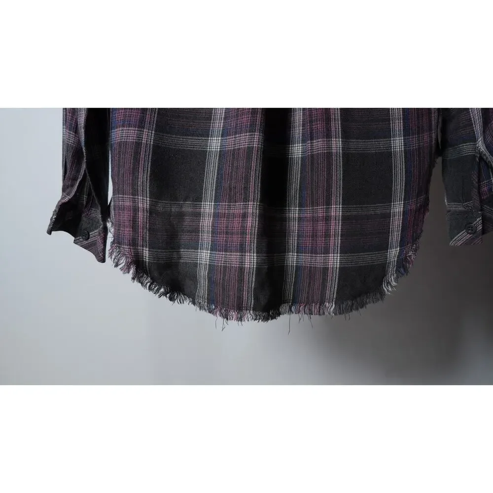 Cloth & Stone Brown Purple Plaid Top Frayed Hem Size S